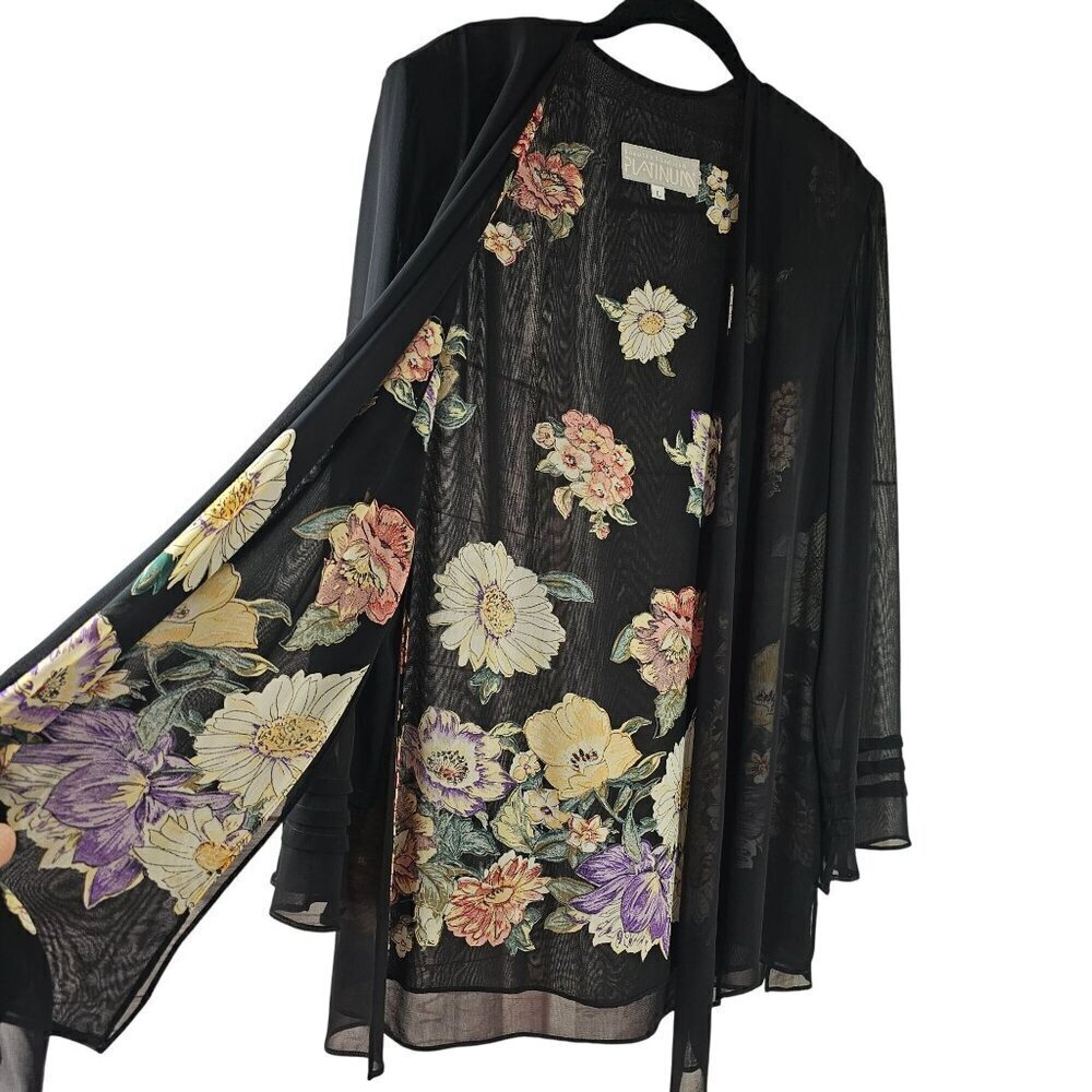 Dorothy Schoelen Platinum 90s Sheer Open Cardigan Size L Black Overlay on Floral